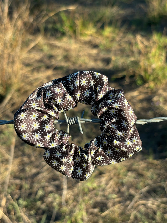 Scrunchie- Brown with White spots and flowers