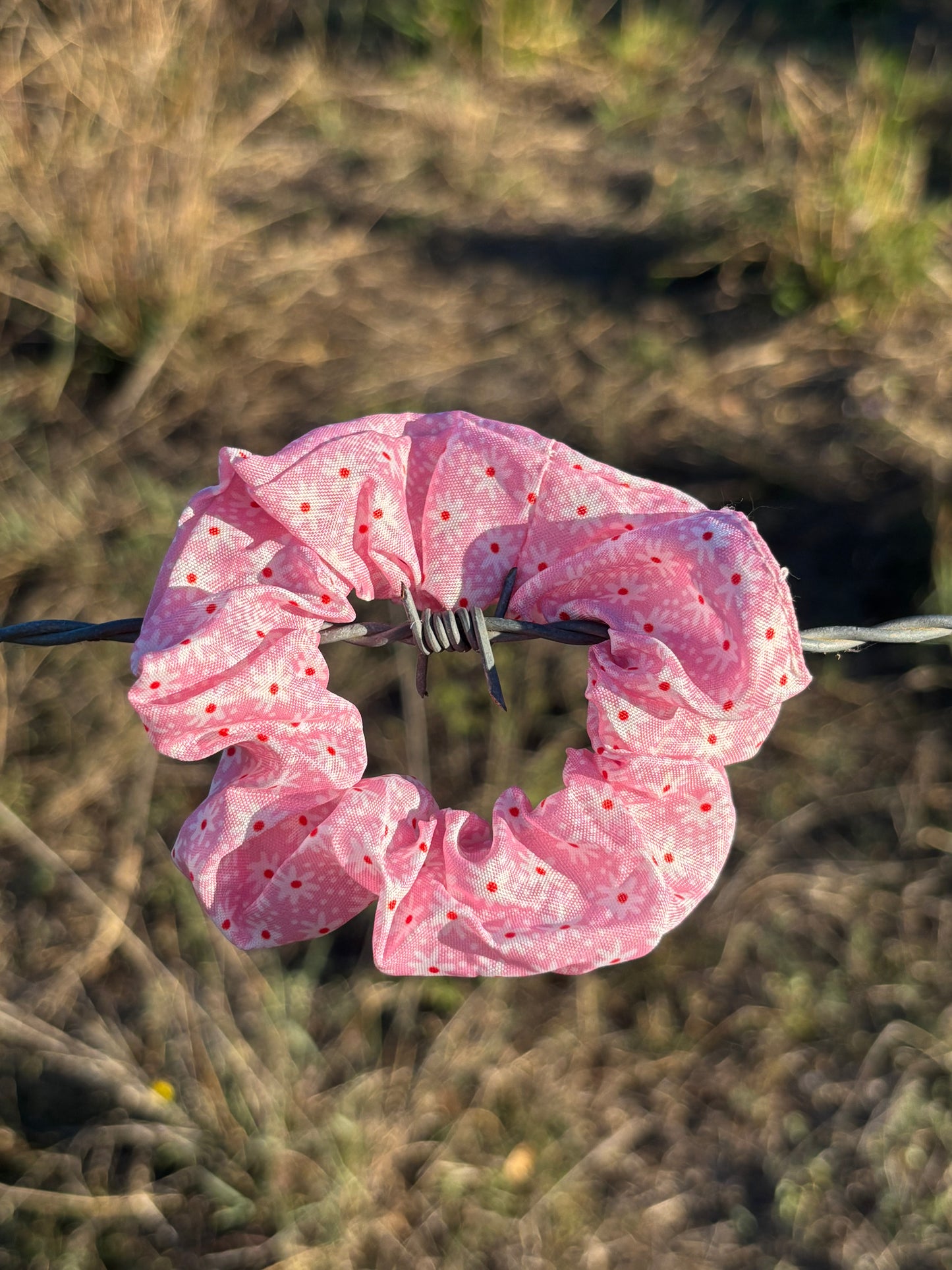 Scrunchie- Pink with White spots and flowers