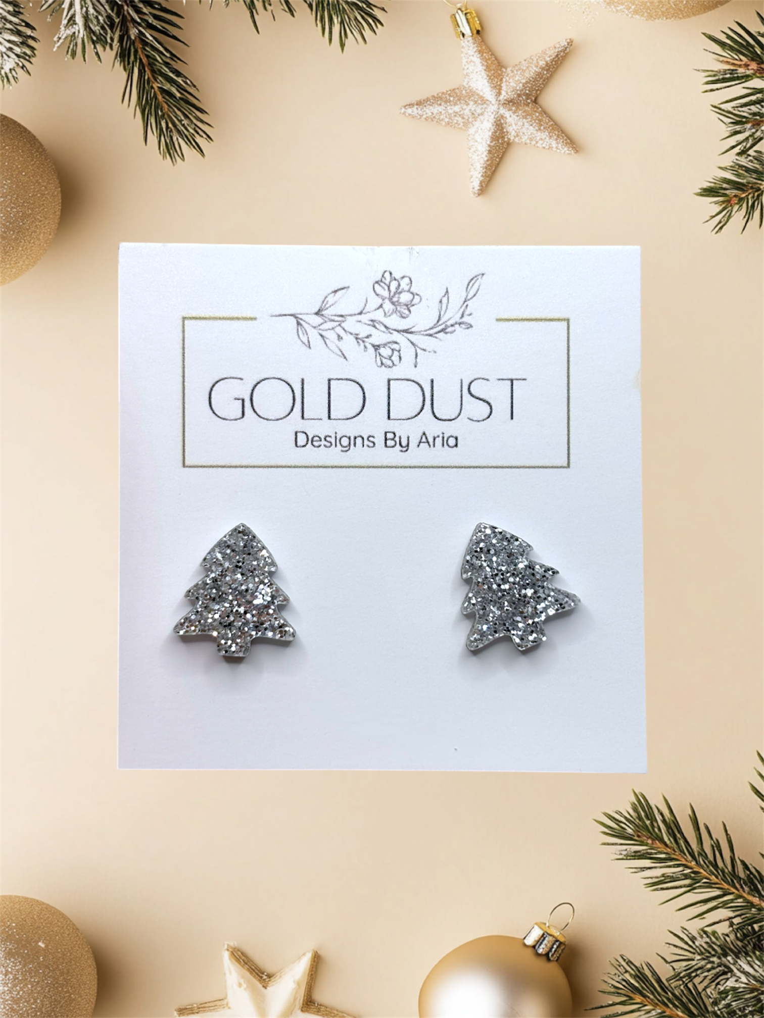 Glitter Silver Tree Studs