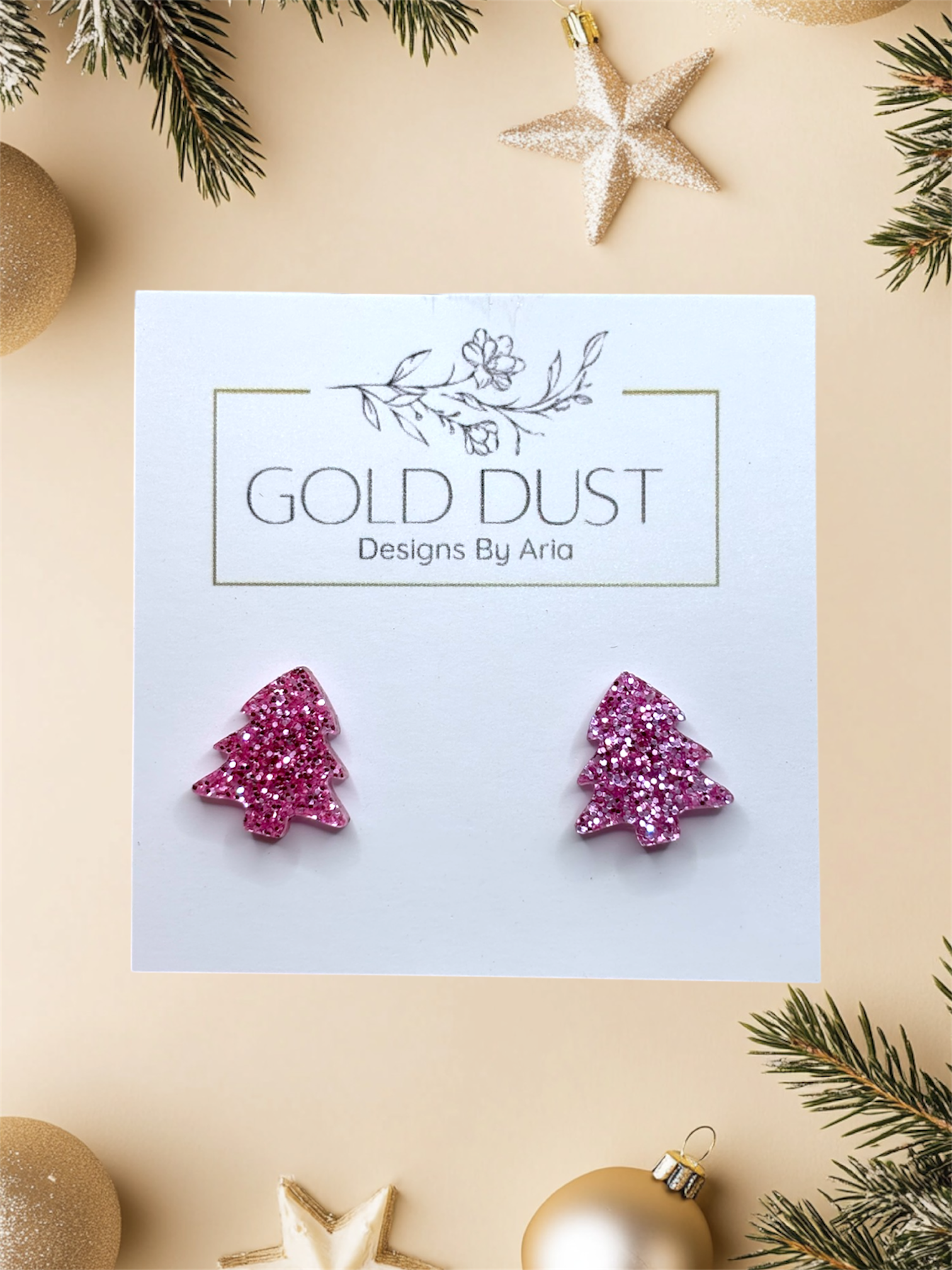 Glitter Pink Tree Studs